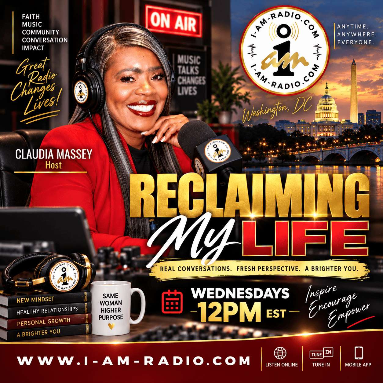 Woman with headphones smiling at microphone in radio studio, city skyline background, promoting radio show, text overlay about life changes.