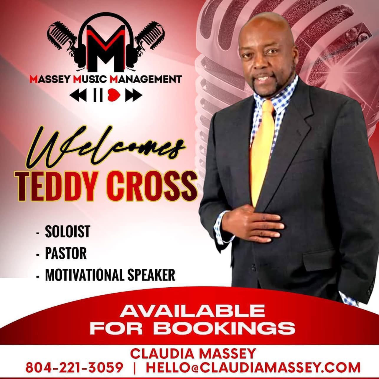 Man in suit with yellow tie standing in front of a microphone graphic, welcoming Teddy Cross, available for bookings.