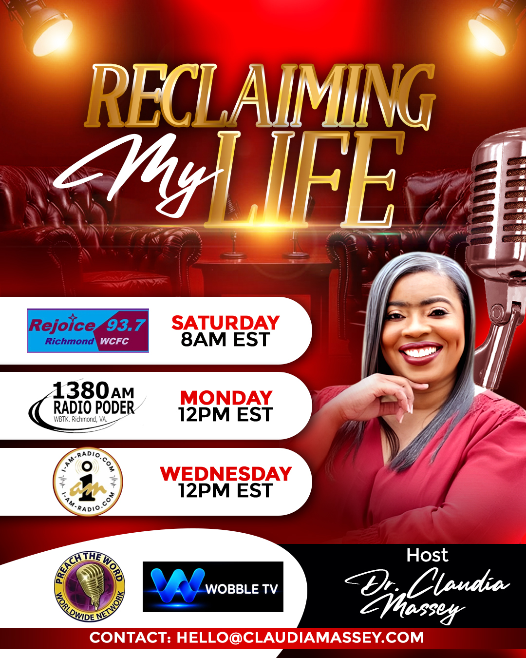 A woman in a red top smiling, with a microphone and text about radio and TV shows, on a red background.