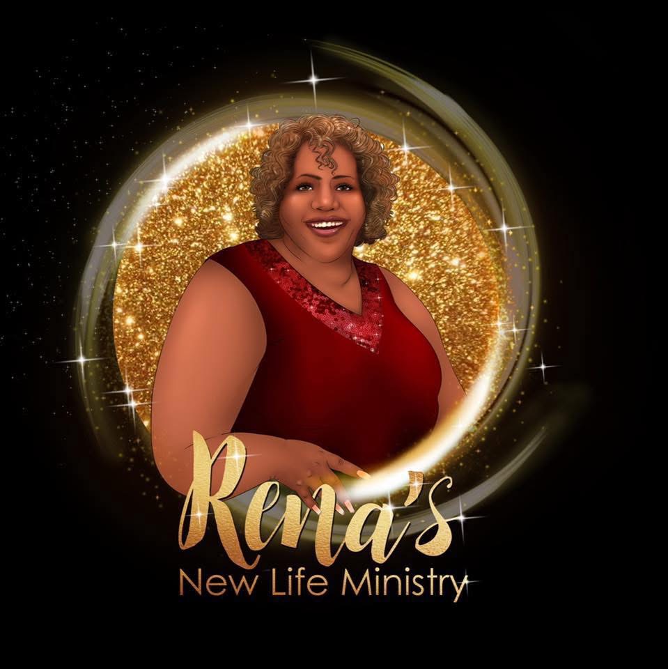 Woman with curly hair in a red dress, smiling, with a gold glitter background and text about new life ministry.