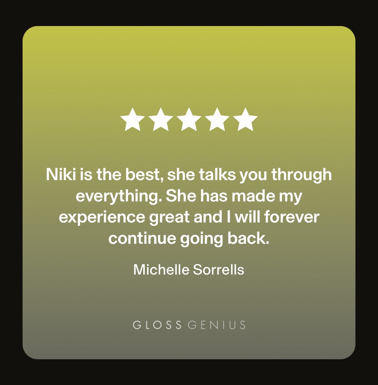 Five-star review with a positive quote about Niki and Michelle Sorrells, on a green gradient background.
