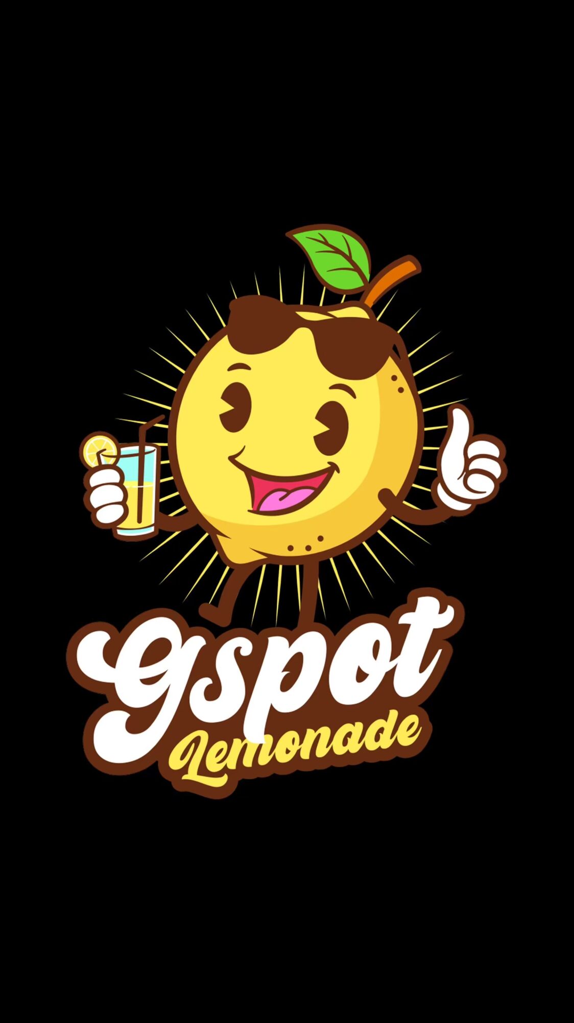 Cartoon lemon character with a smiling face, holding a glass of lemonade, giving a thumbs-up, with text 'Gspot Lemonade'.