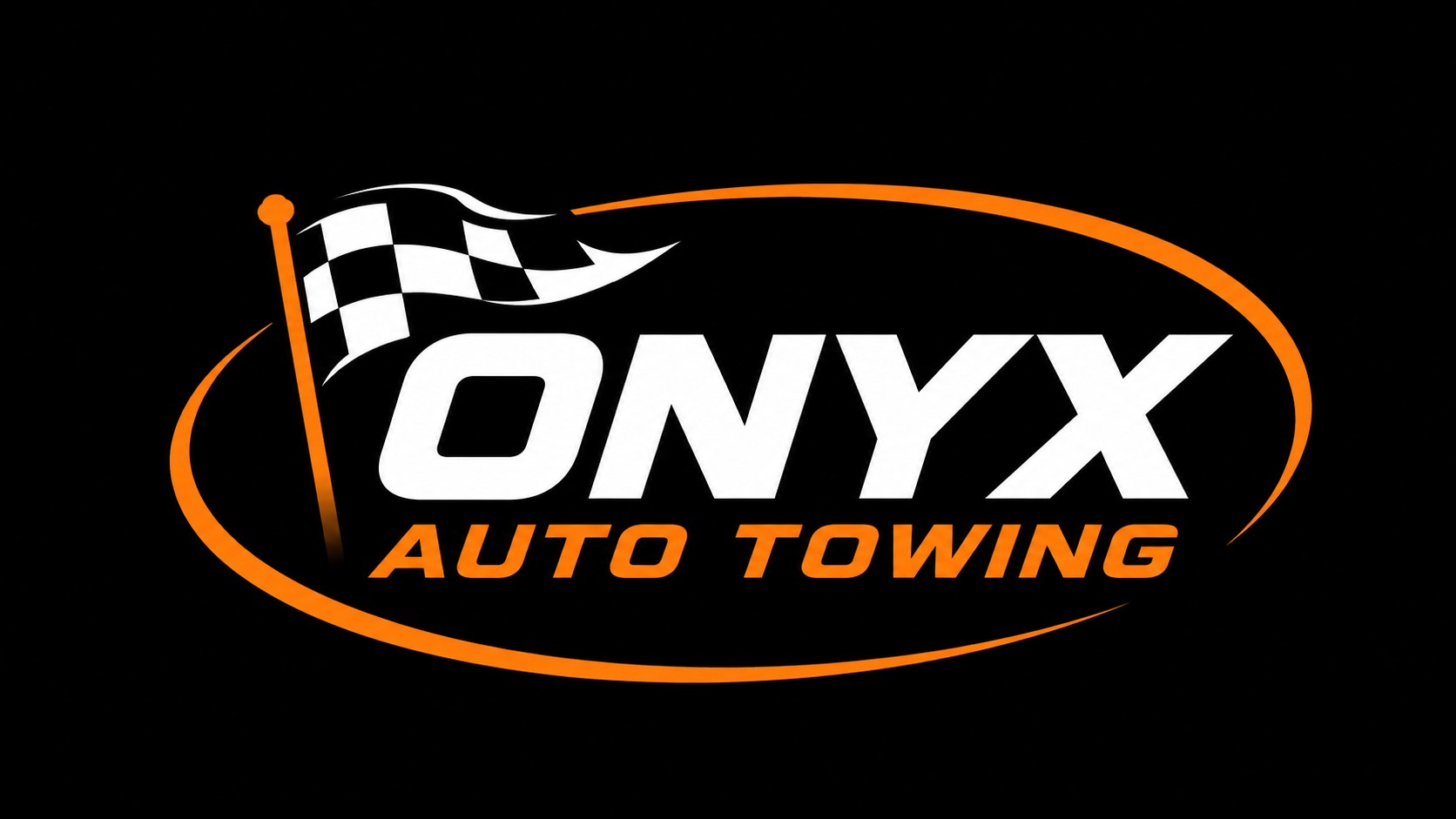 Onyx Auto Towing logo with checkered flag, text, and orange oval, on black background.