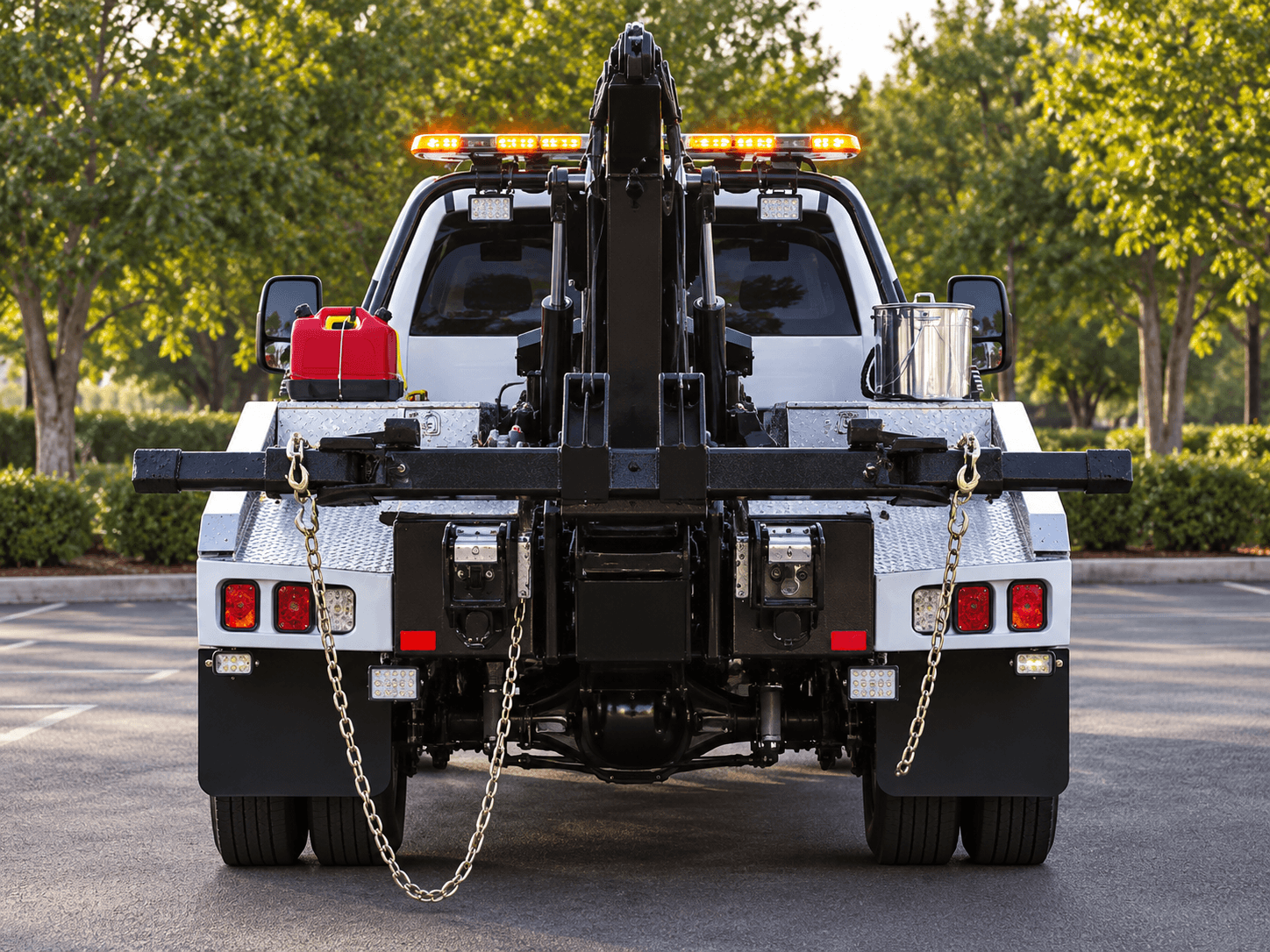 Front view of a white utility truck with equipment and chains, parked outdoors with trees in the background.