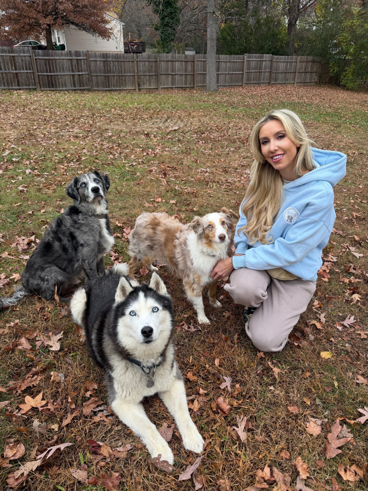 A woman kneeling outdoors with three dogs on a grassy area with fallen leaves, a wooden fence, and trees in the background.