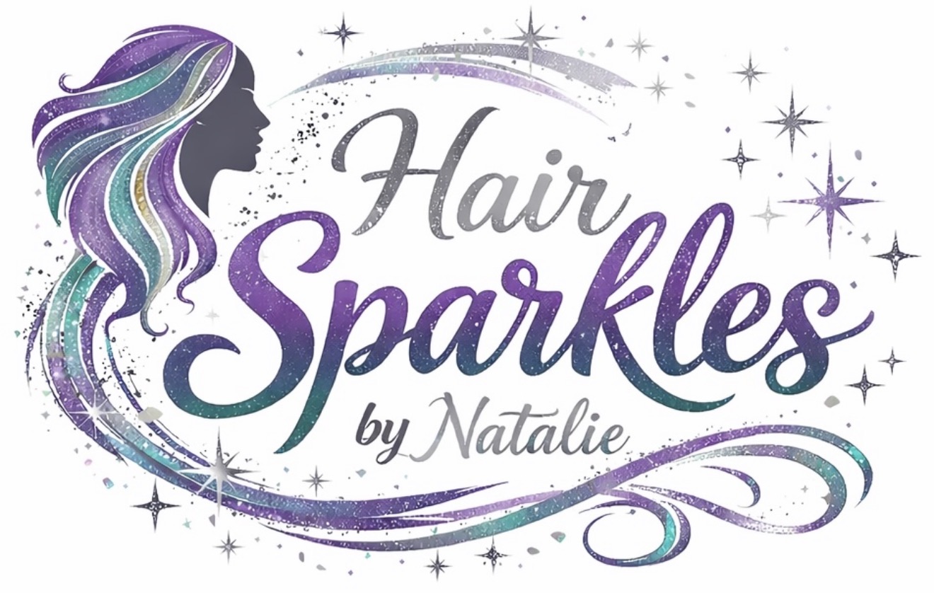 Logo with a silhouette of a woman with colorful, wavy hair, and text reading 'Hair Sparkles by Natalie' with stars and sparkles.