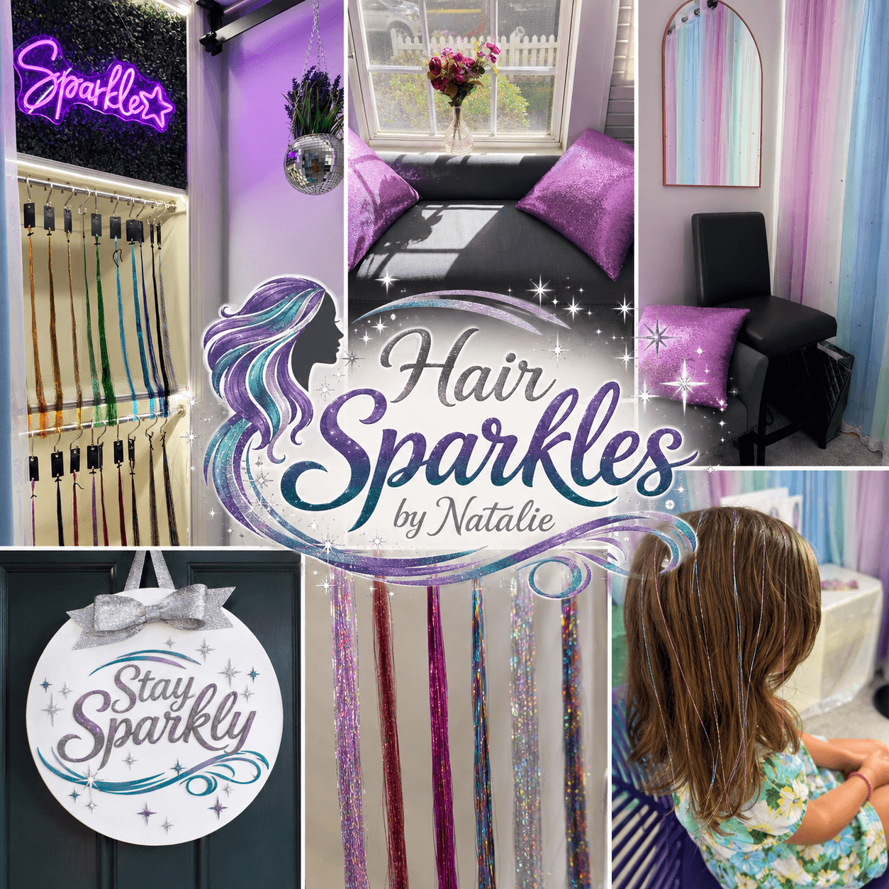 Decorative hair salon with colorful sparkles, neon sign, window seat, striped curtains, and a girl with styled hair.