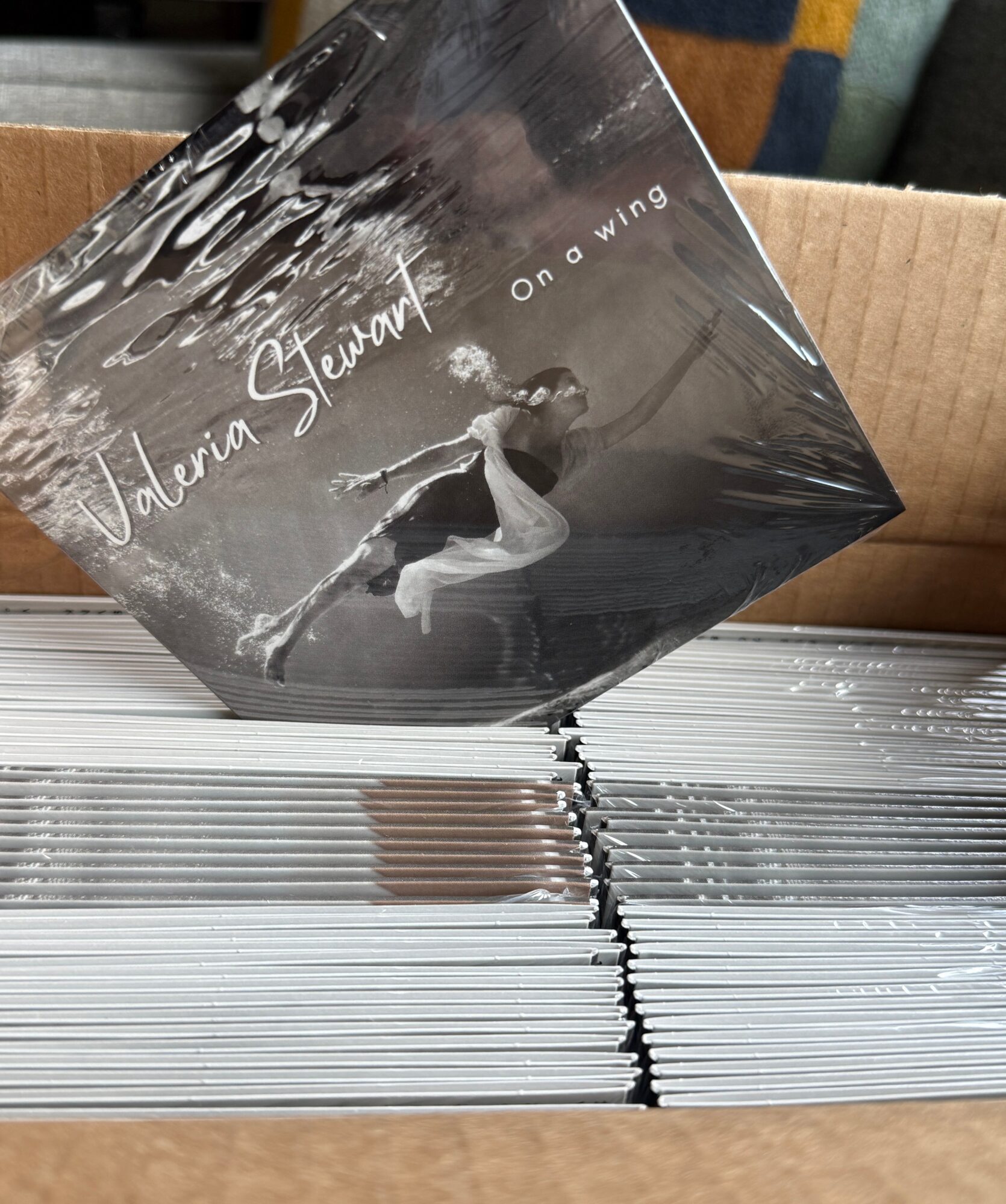 Stack of vinyl records with one album cover showing a ballerina dancing on stage, text reads 'Valeria Stevan on wing'.
