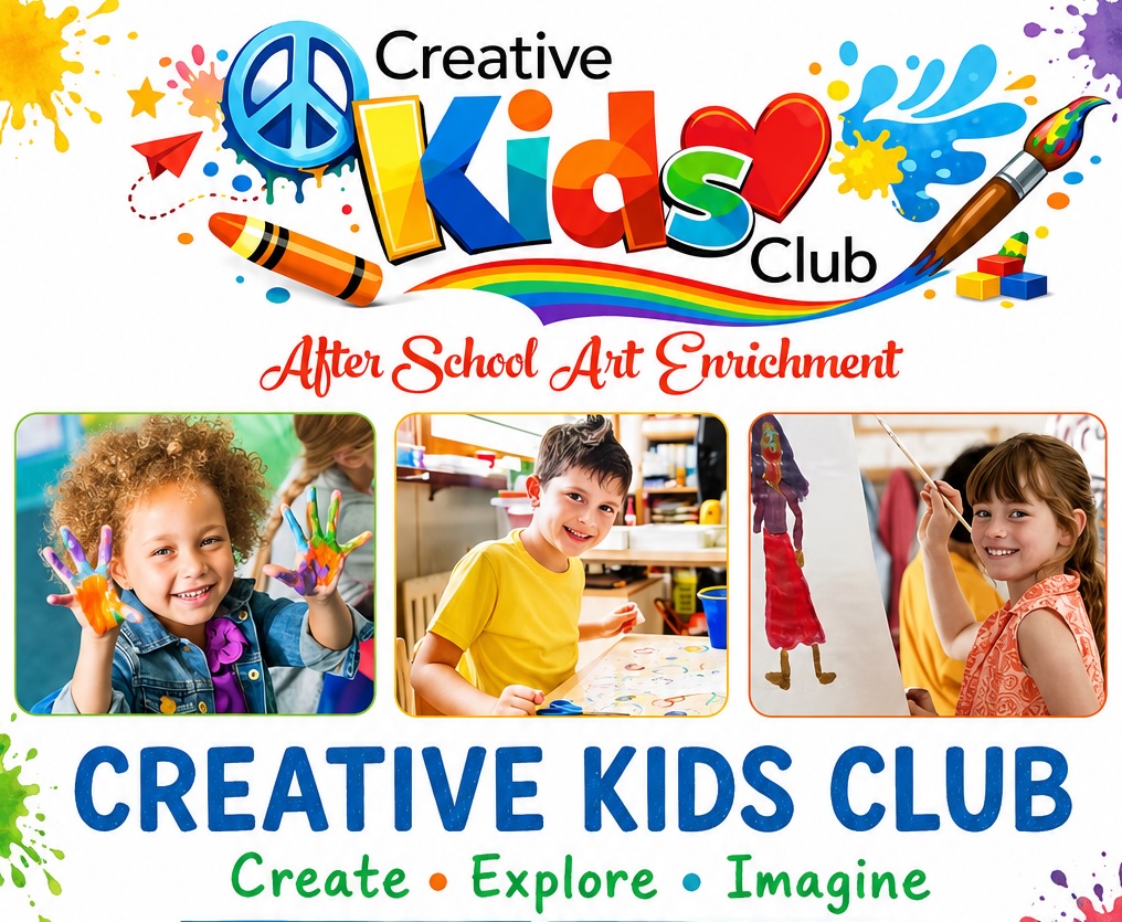 Colorful logo with peace sign, paintbrush, and children painting and drawing, promoting a kids' art club.