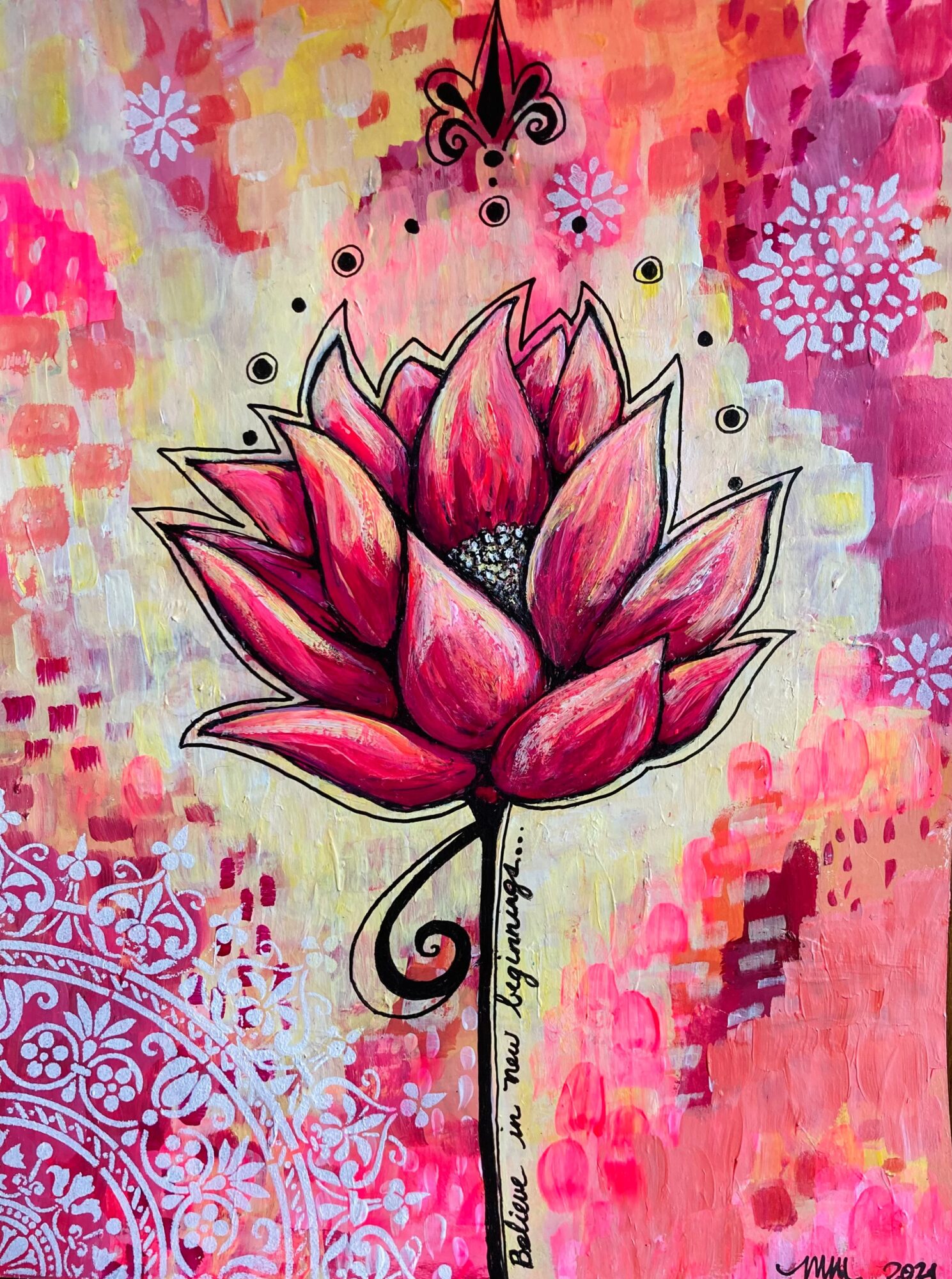 Pink flower with black and white details on a colorful abstract background, with decorative elements and handwritten text.