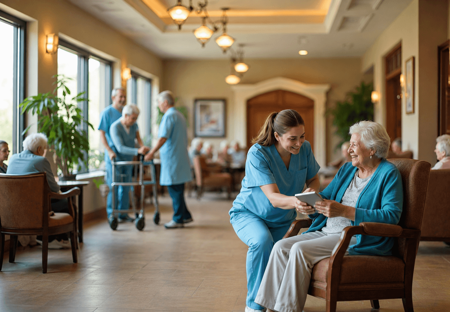Nursing staff talking to an elderly woman in a common area of a care facility, with other staff and residents in the background.