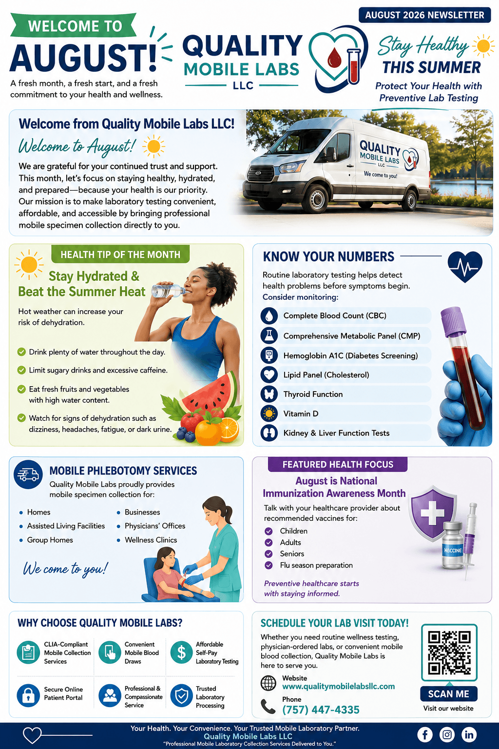 Advertisement for mobile labs, health tips, and services, including hydration, blood tests, and health education, with images of a woman and medical items.