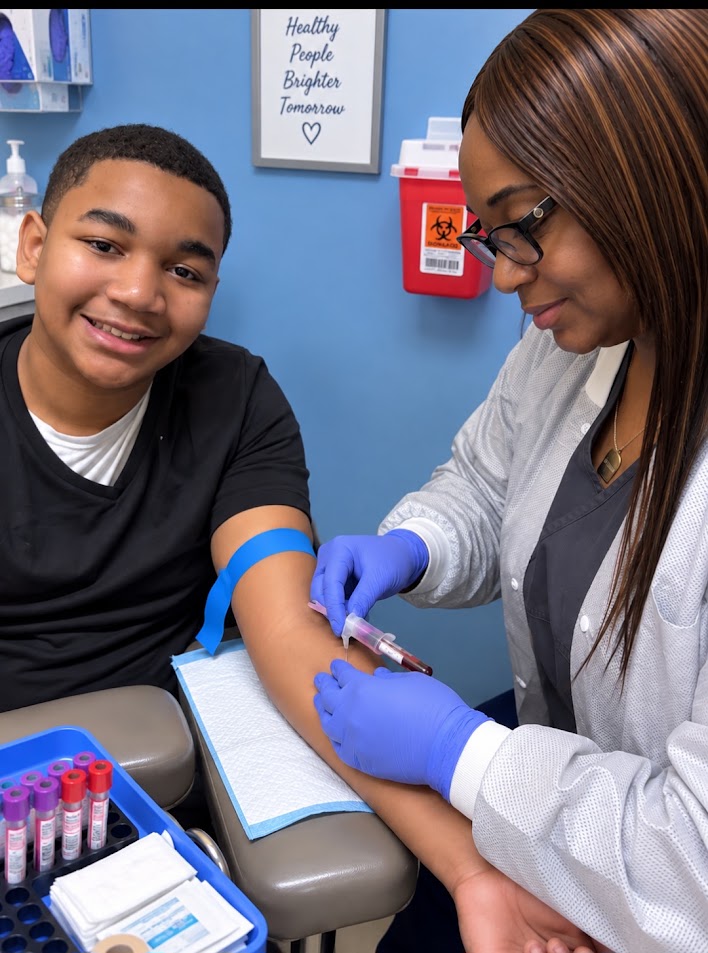 A young person receives a medical injection from a healthcare professional wearing gloves in a clinical setting.
