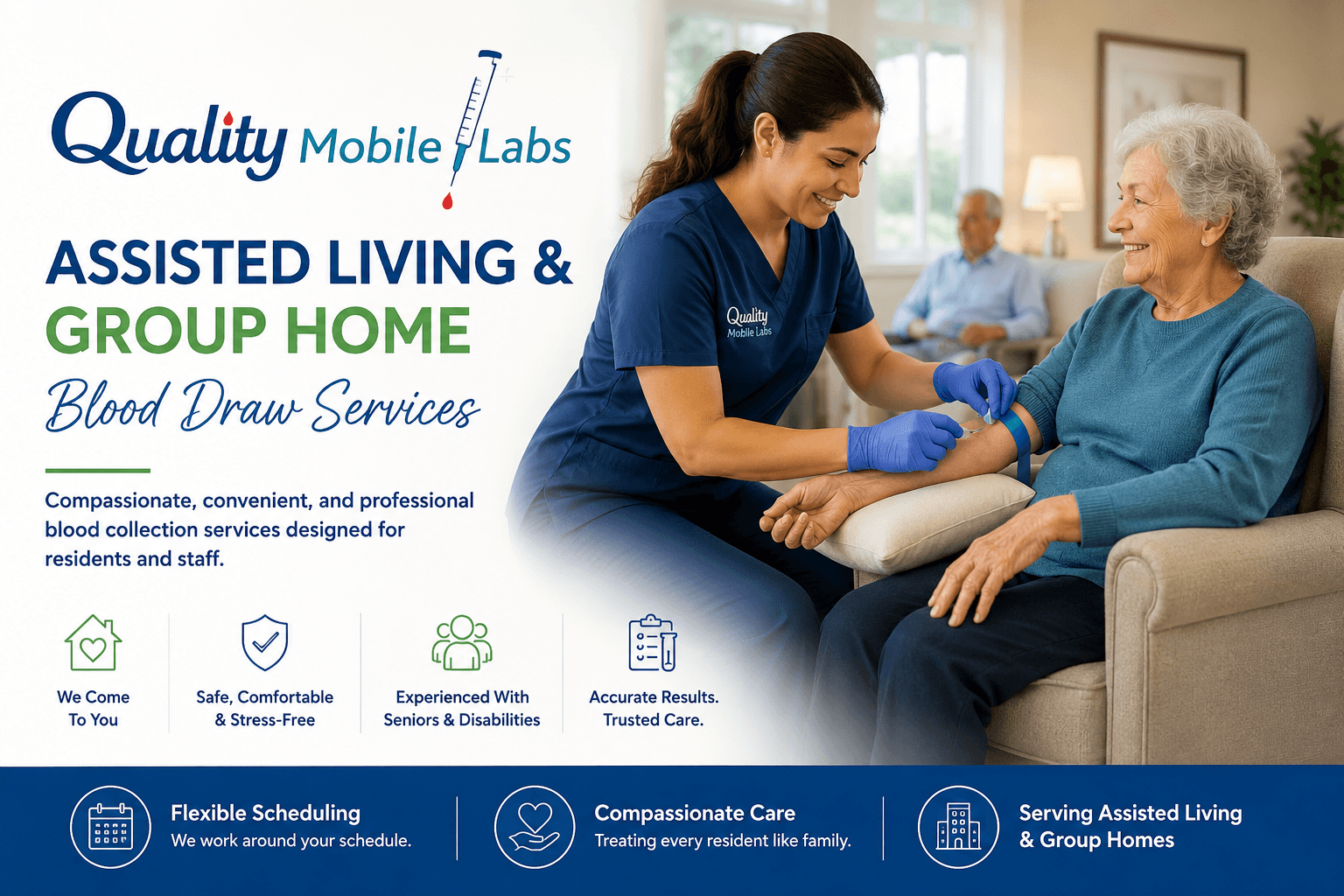 A caregiver assisting an elderly woman with blood draw in a living room, both smiling, with a group of people in the background.