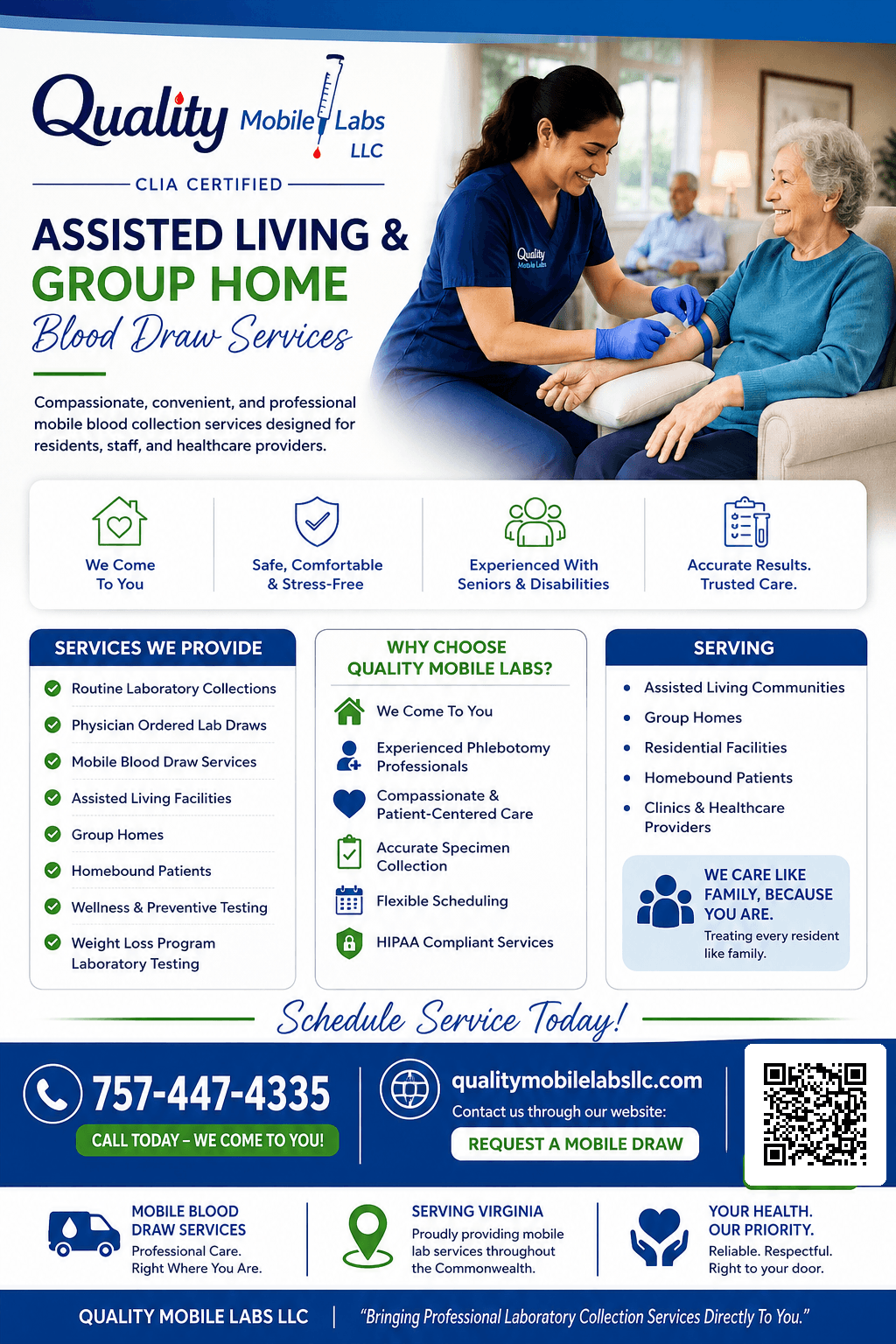 Advertisement for assisted living and group home blood draw services with a caregiver and elderly woman smiling.