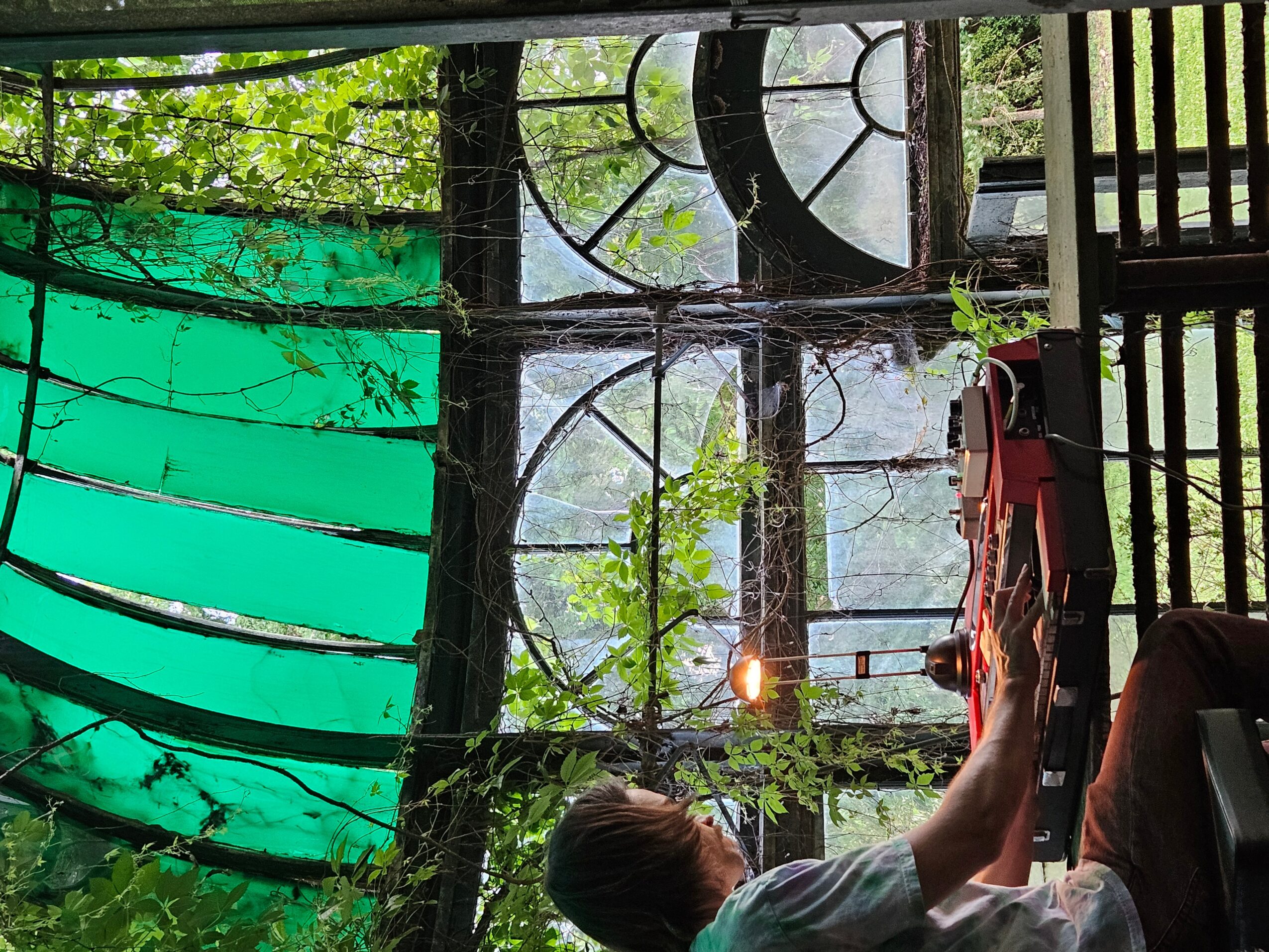 Person sitting indoors near a window with green foliage outside, reaching for an object on a table.