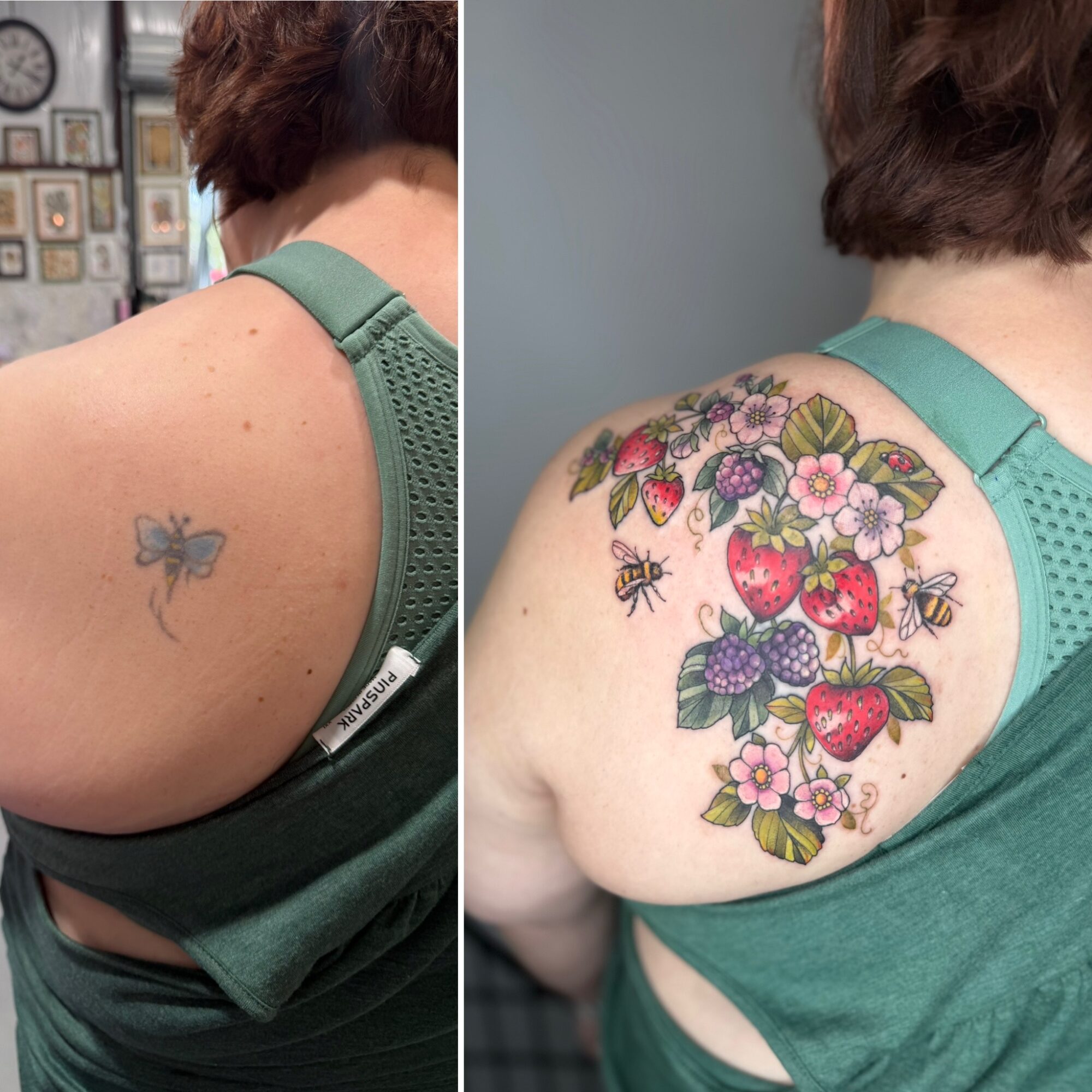 Comparison of a small butterfly tattoo and a large colorful strawberry and flower tattoo on shoulder, with bees and leaves, in different lighting.