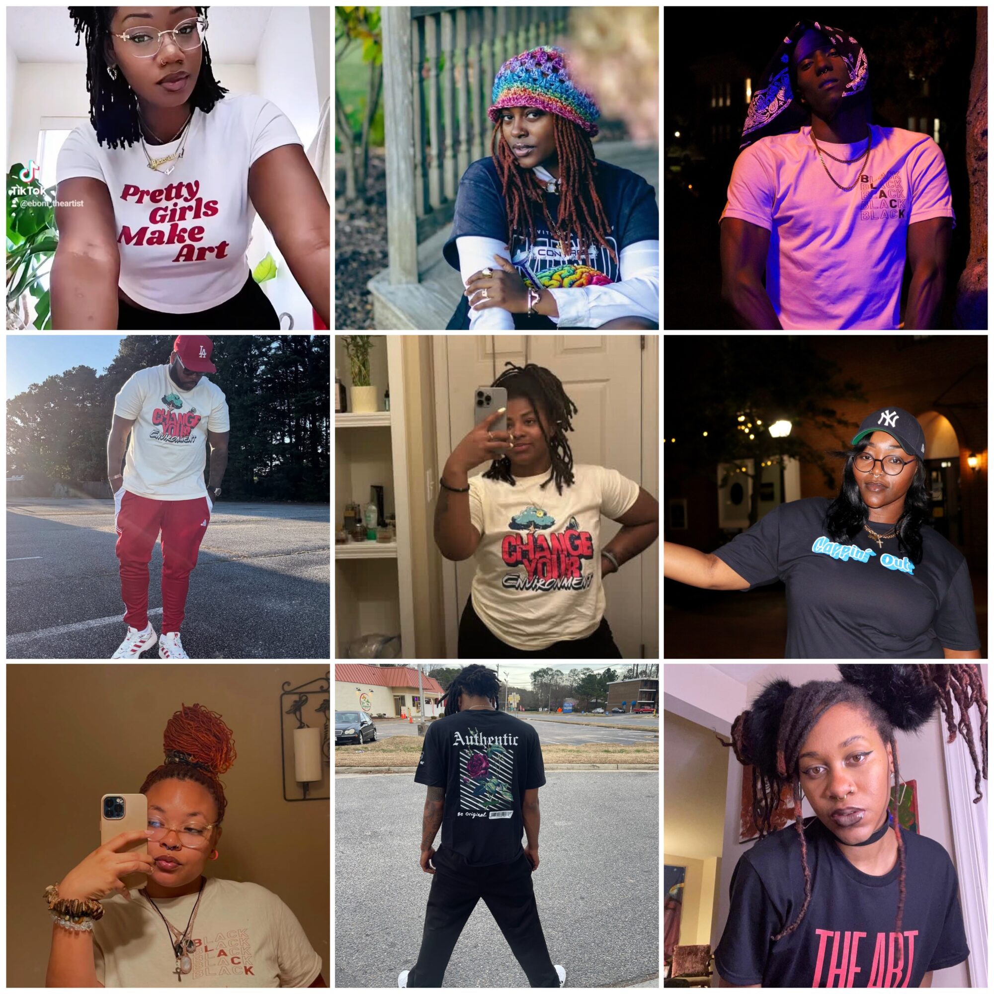 Six people, mostly women, in various casual settings, some posing for photos, one wearing a T-shirt with text, others with accessories.