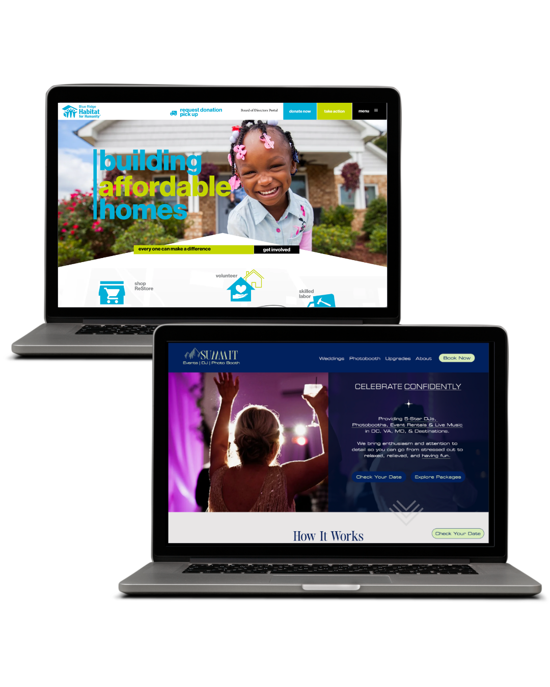 Two laptops displaying websites, one with a smiling girl and the other with a person holding a trophy, both on dark backgrounds.