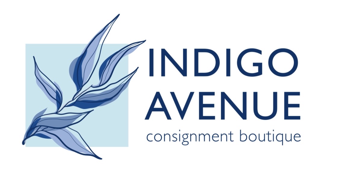 Logo with blue abstract leaf design and text 'INDIGO AVENUE consignment boutique'.
