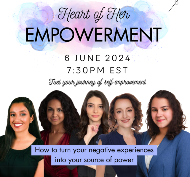 Event poster titled 'Heart of Her Empowerment' with five women smiling, details of date, time, and theme, and a purple watercolor background.