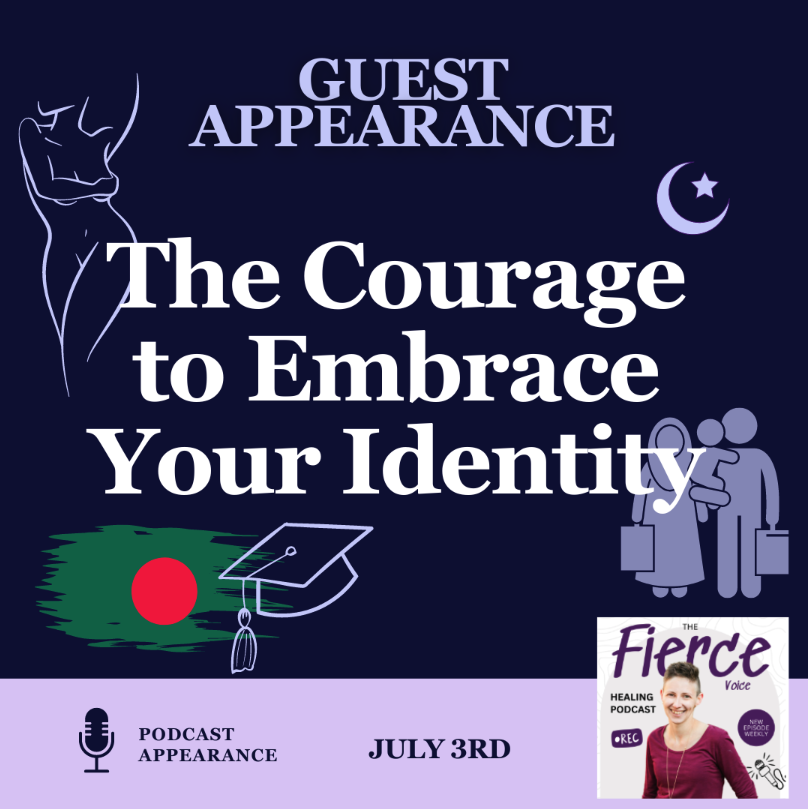 Event poster with text about guest appearance, courage, identity, podcast, date, and images of a person, moon, and graduation cap.