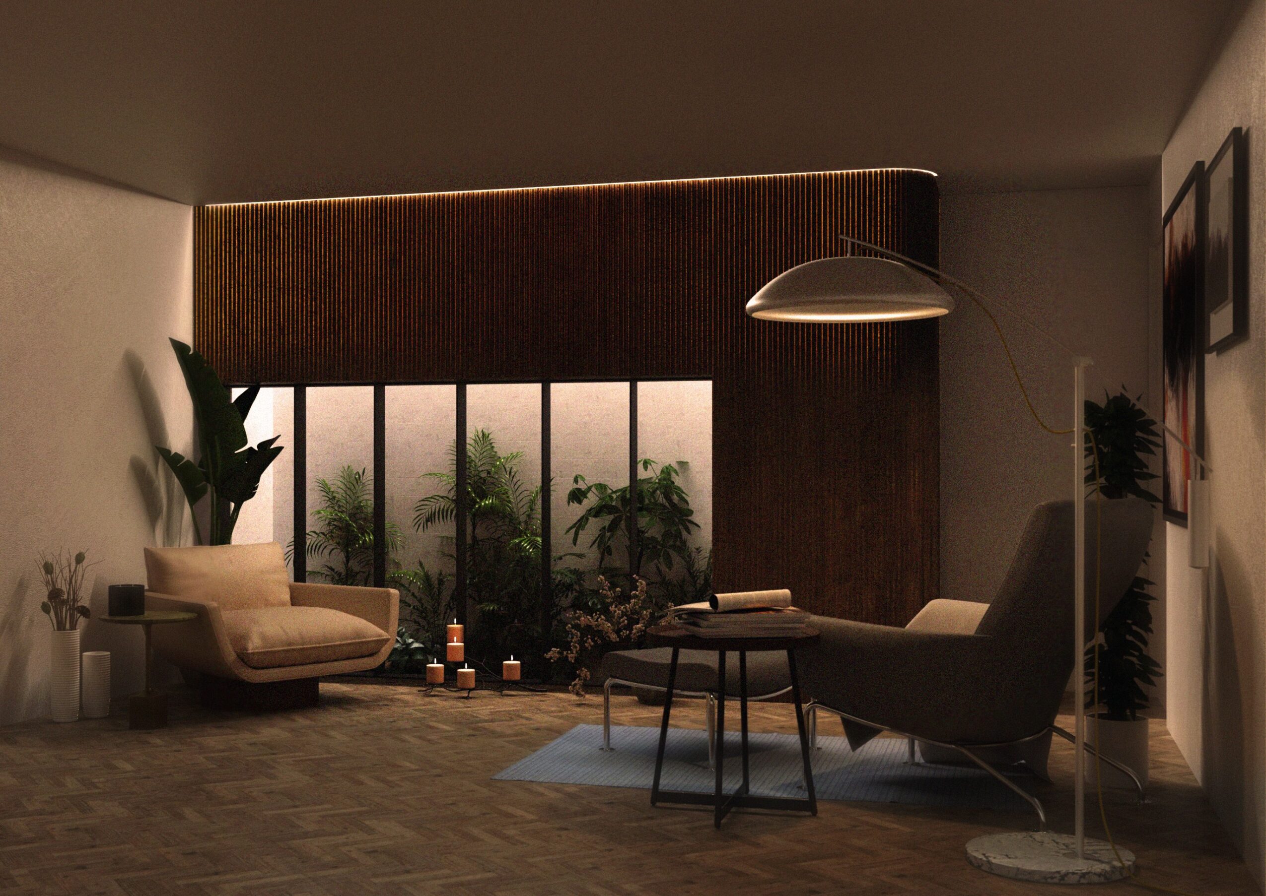 Living room with a large window, plants, a beige armchair, a gray lounge chair, and a floor lamp.