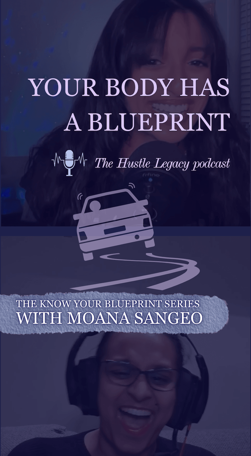 Promotional graphic for podcast featuring a woman with headphones and a smiling woman, with text about a blueprint series.