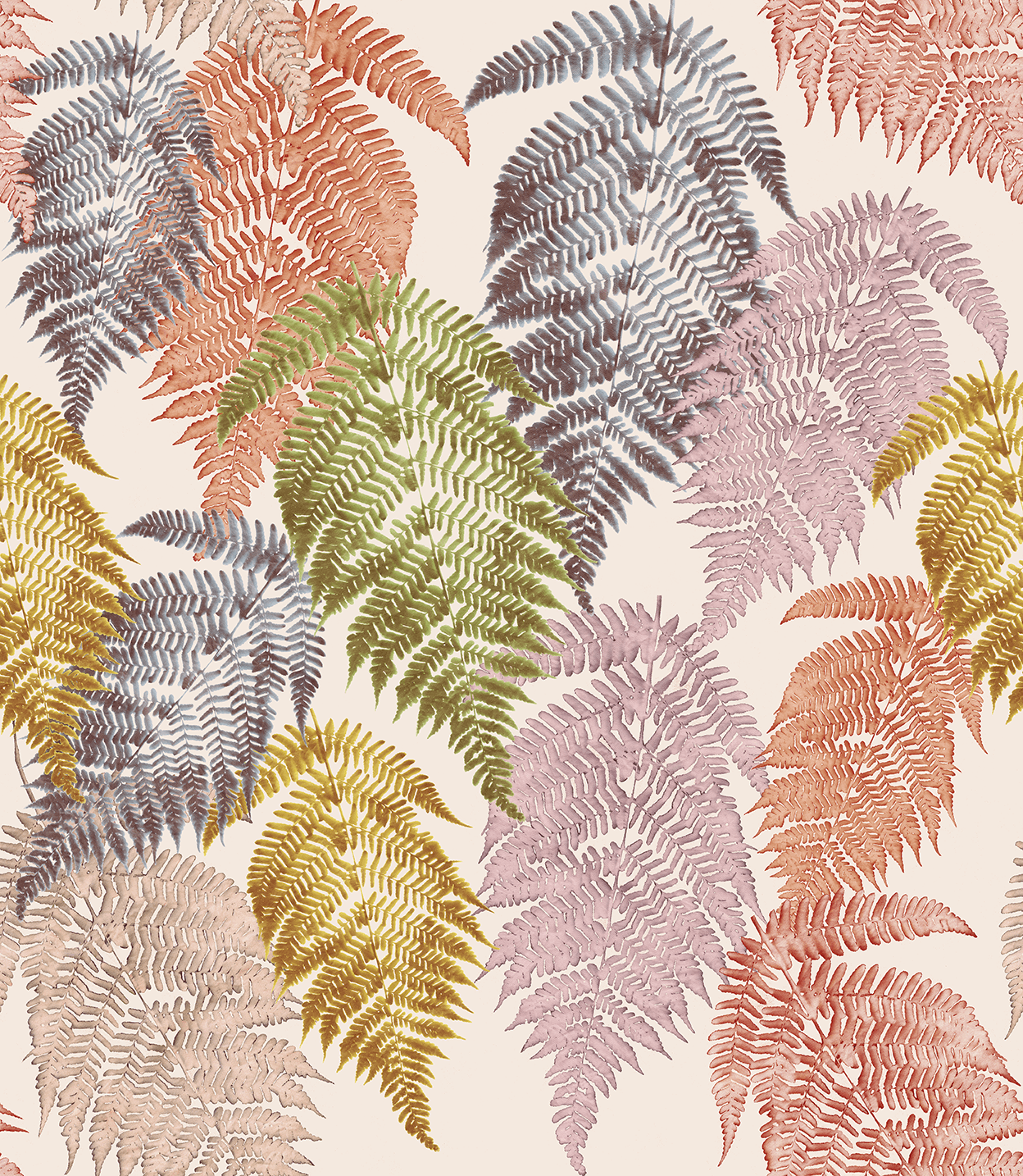 Pattern of multicolored fern leaves in pink, purple, green, yellow, orange, and gray on a light background.
