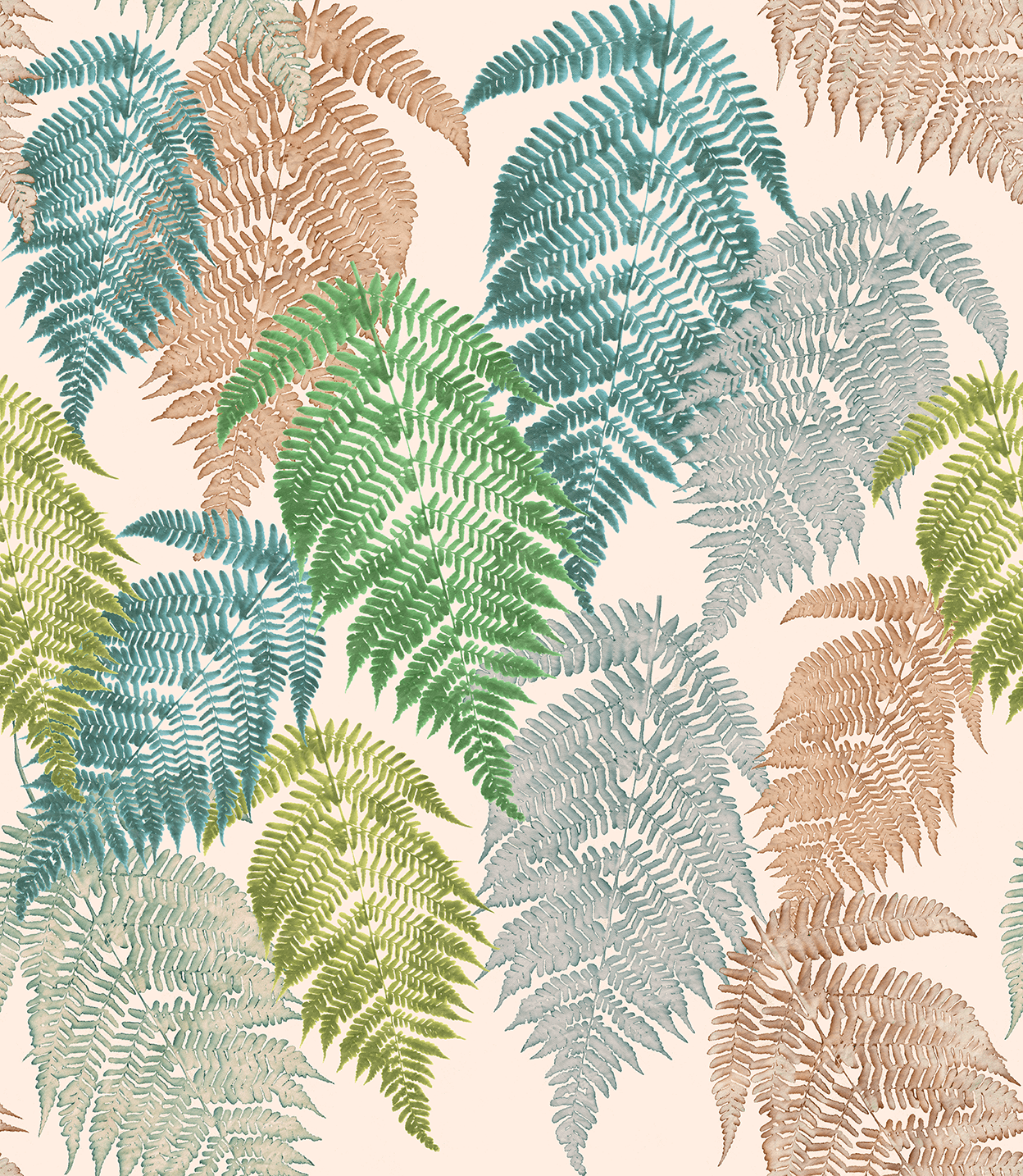 Pattern of multicolored fern leaves in green, blue, beige, and gray on a white background.