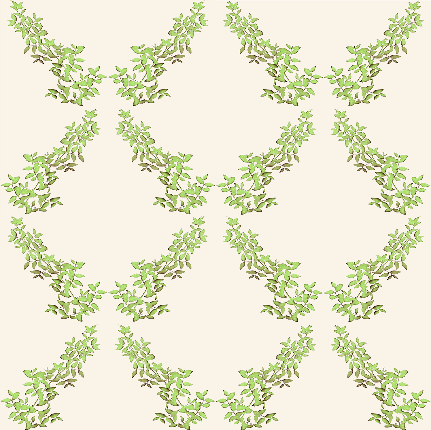 Repeating pattern of green leafy branches on a light background, arranged in a grid.
