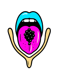 A cartoon tongue with black spots, blue lips, and beige arms raised, against a white background.