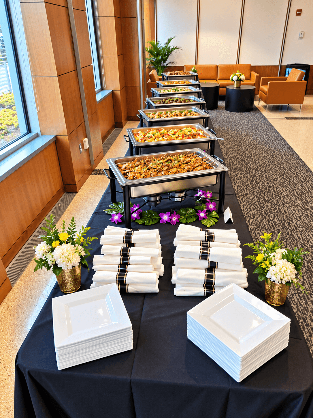 Buffet table with chafing dishes of food, surrounded by flowers and stacked plates, in a room with seating area and large windows.