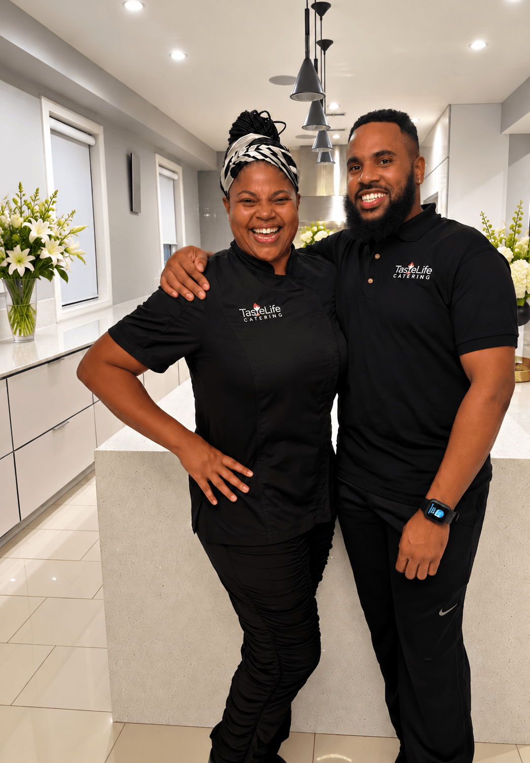Two smiling people in black uniforms stand together in a bright, modern room with white walls and flowers.