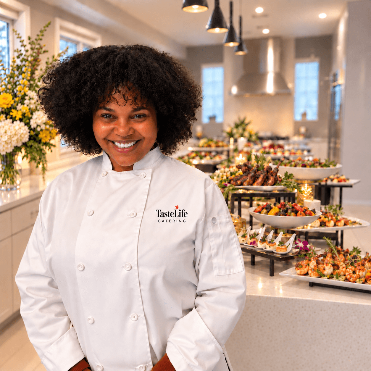 Smiling woman in chef's coat in a catering kitchen with food displays and flowers behind her.