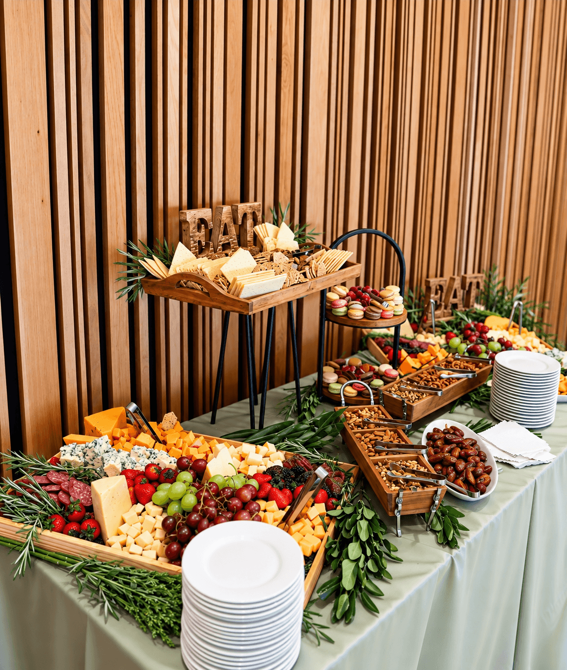 Table with cheese, grapes, and fruits, decorated with greenery, set against a wooden slat wall, with stacked plates nearby.