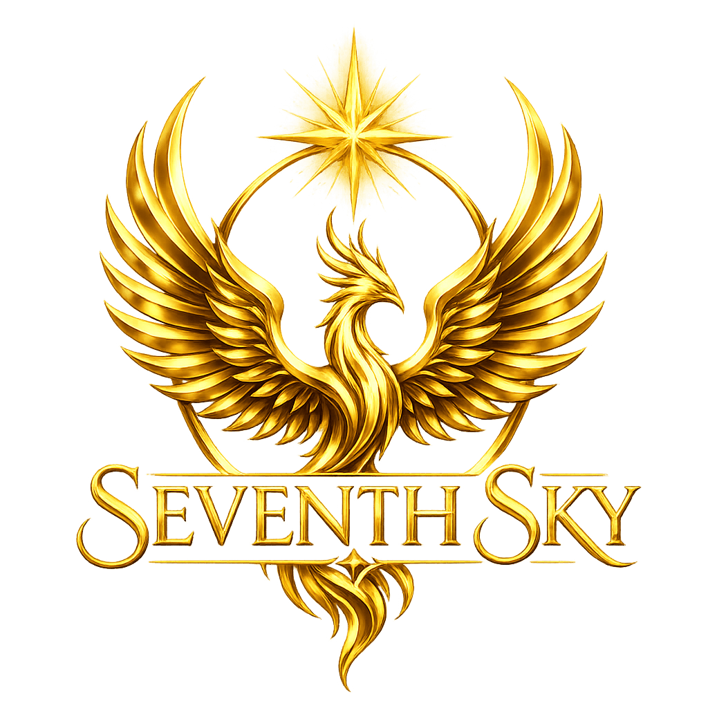 Golden phoenix with outstretched wings and a star above, with the text 'Seventh Sky' below, on a black background.