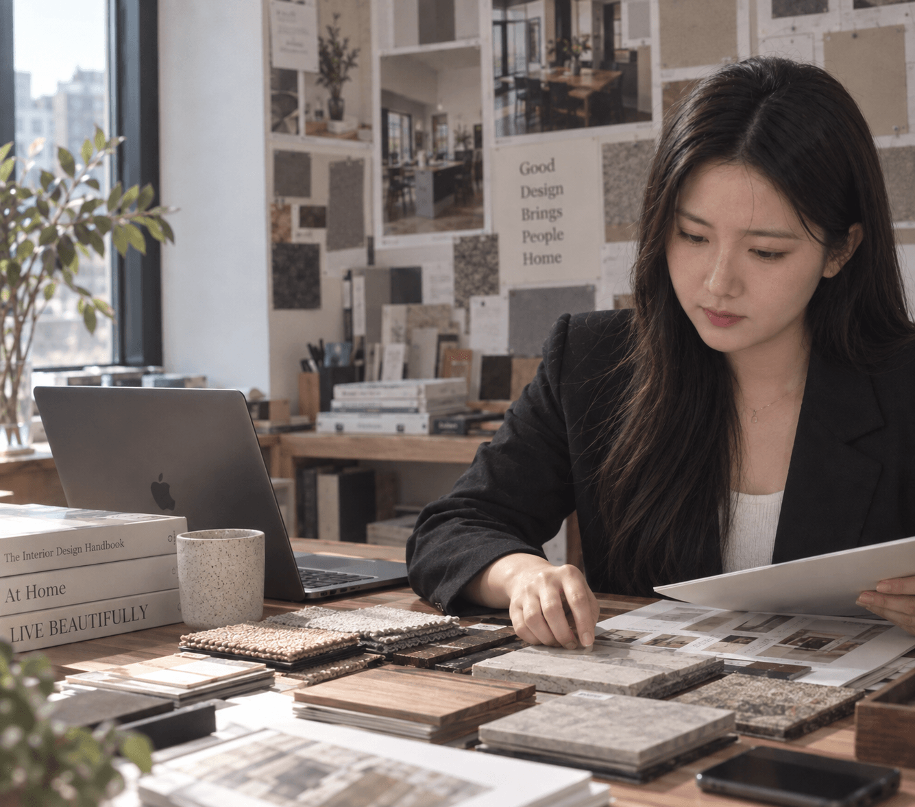 Woman in black blazer examining material samples at desk with laptop and books, interior office setting.