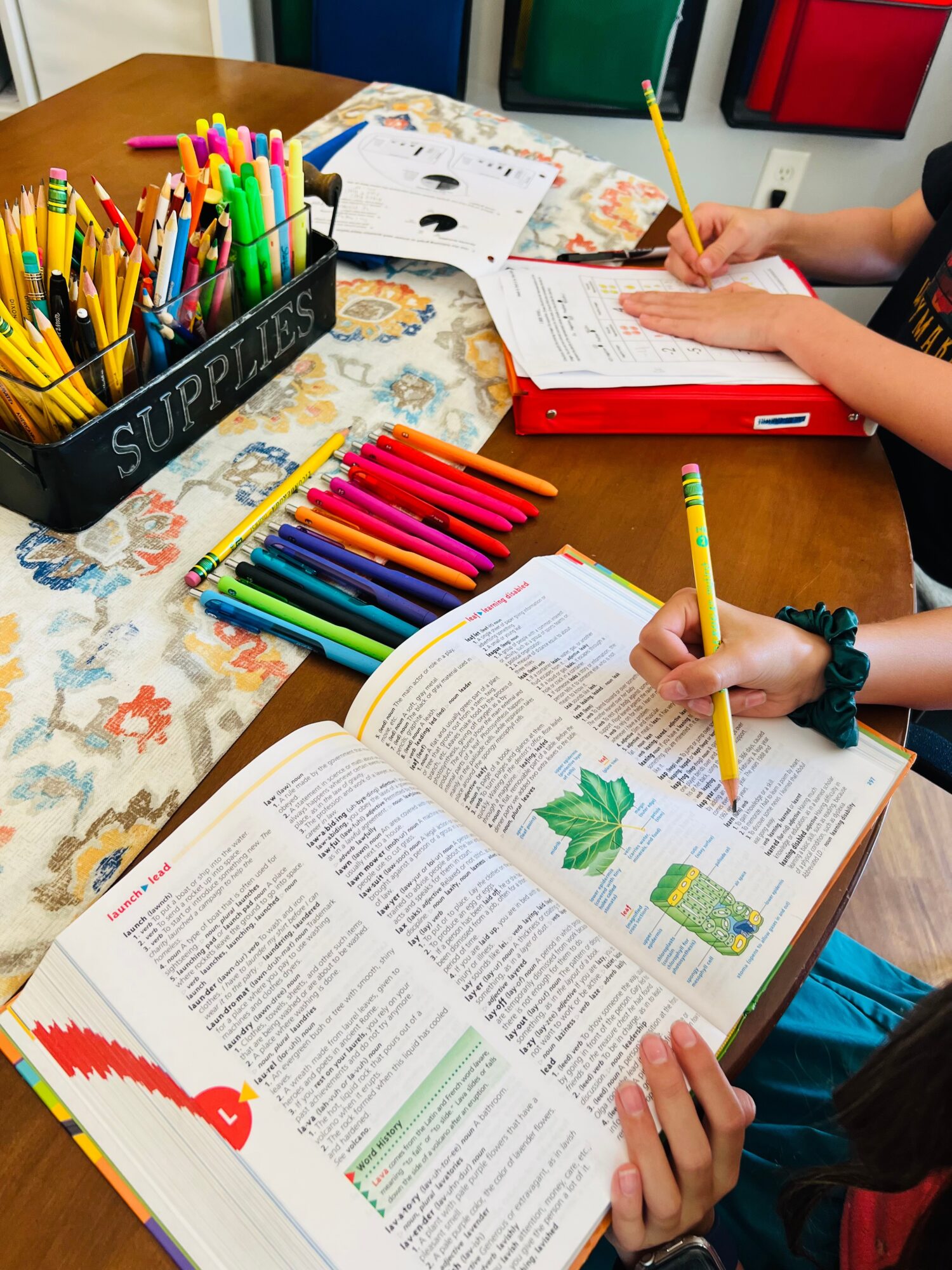 People studying with open books, colorful pens, and notebooks on a table, with a supply box of pens nearby.