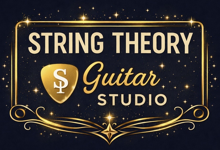 Sign with text 'String Theory Guitar Studio' and a guitar pick logo, gold accents, and starry background.