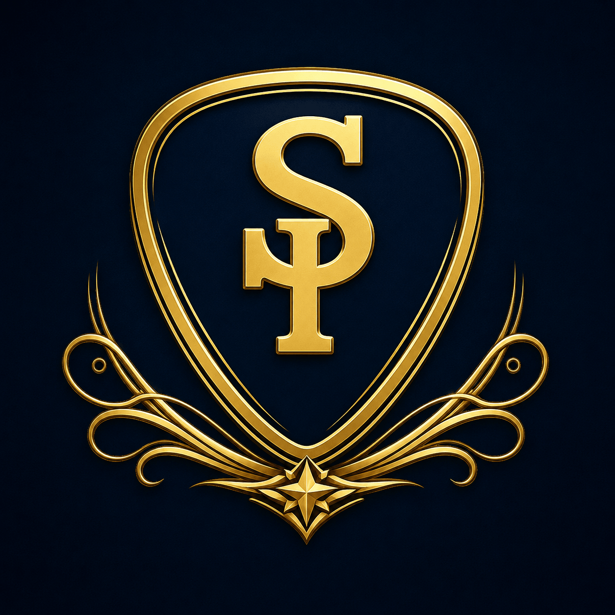 Gold shield emblem with stylized letters 'S' and 'P' on a dark background, decorated with ornate gold flourishes.