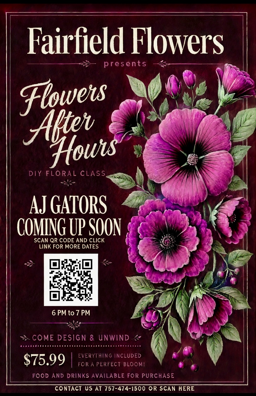 Poster advertising a floral class with purple flowers, event details, and a QR code.