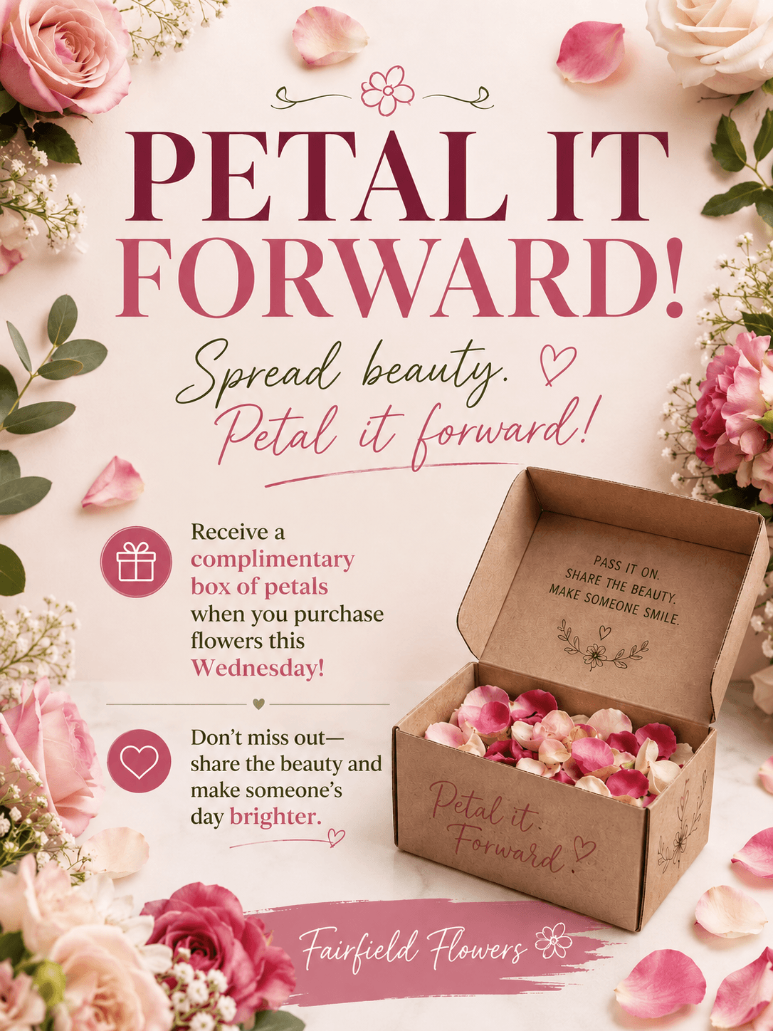 Open box of pink and white flower petals surrounded by pink roses and petals, with text about spreading beauty and flowers.
