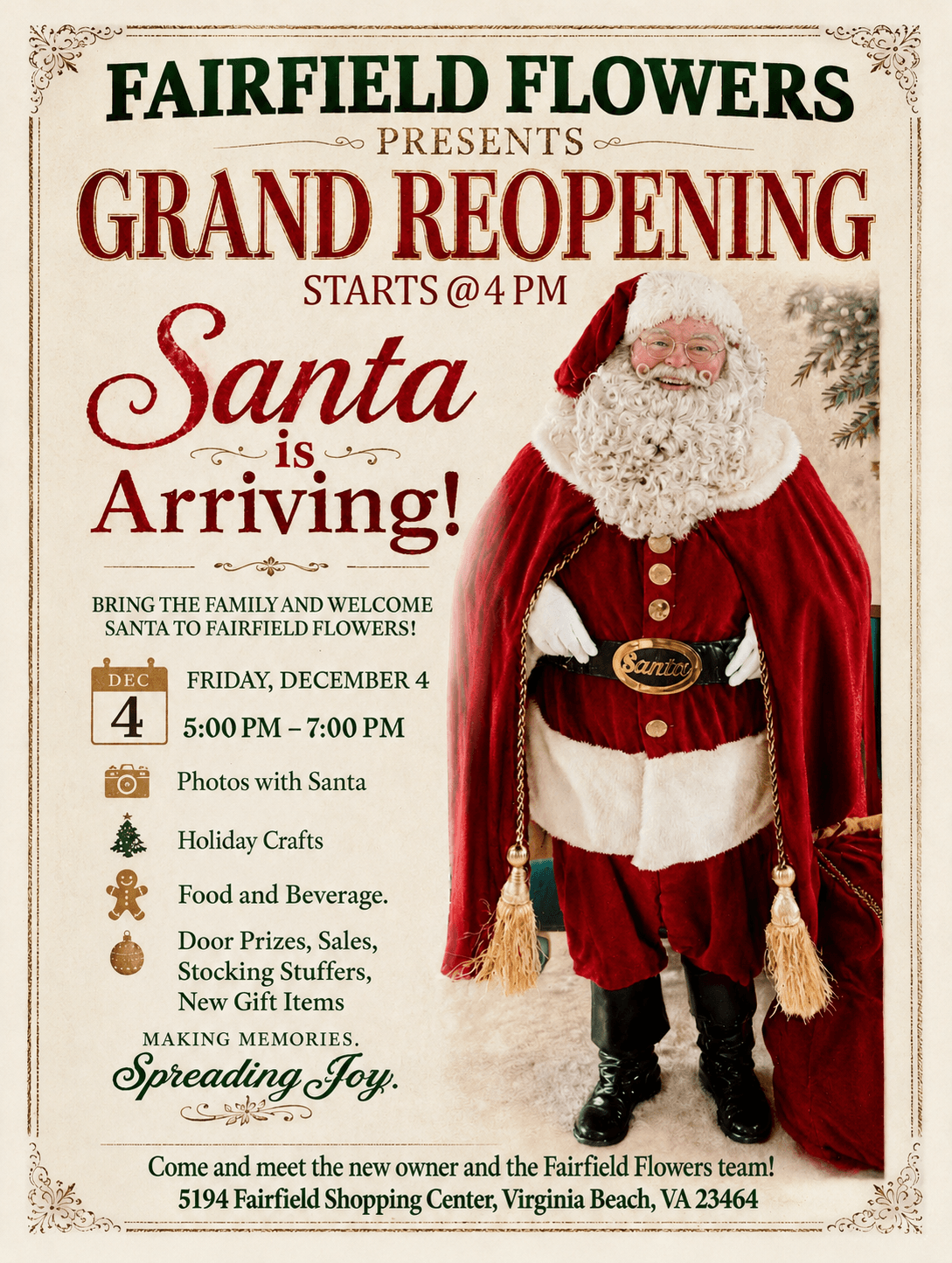 Santa Claus in a red suit with a white beard, standing outdoors with trees in the background, promoting a grand reopening event.