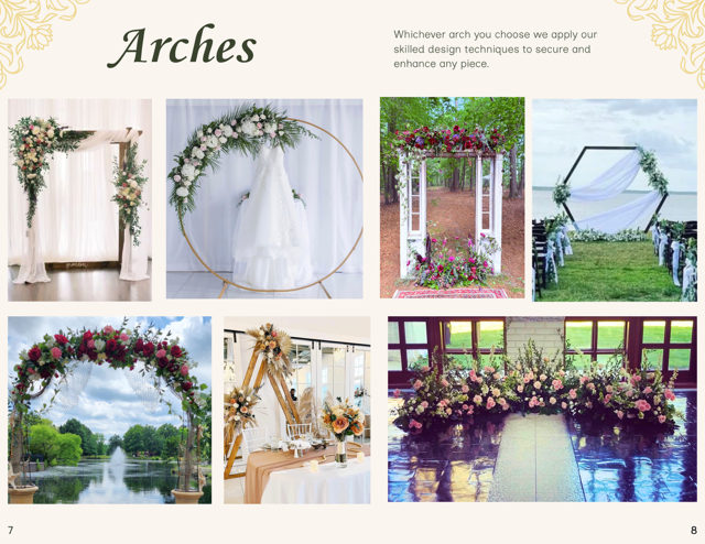Collection of six images of wedding arches with flowers and decorations, including outdoor and indoor setups.
