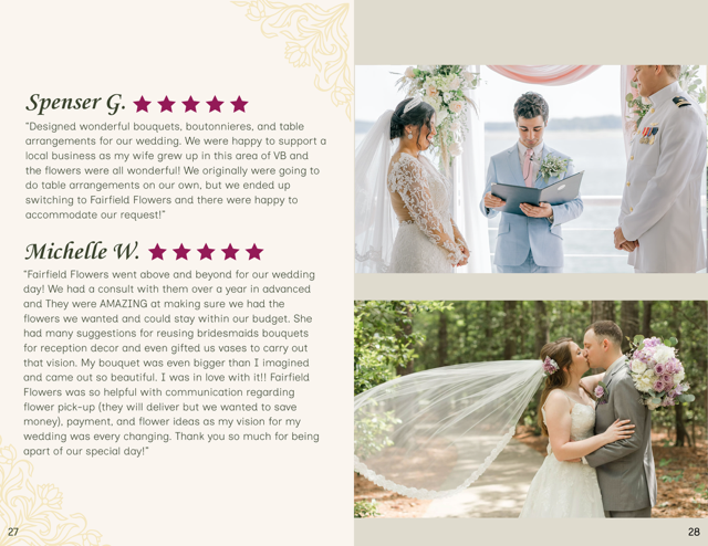 Two women in wedding dresses and a man in a suit exchanging vows outdoors, with a floral arch and guests nearby.