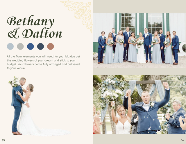 Wedding party outdoors with bride, groom, and guests, celebrating and smiling, with floral arrangements and a building in the background.