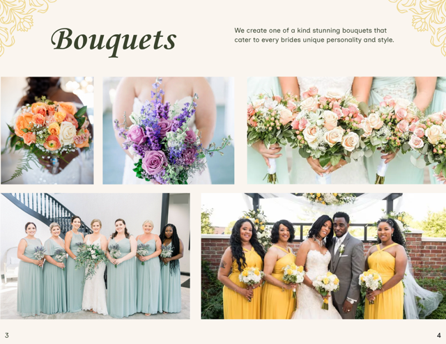 Collage of wedding bouquets and bridesmaids with diverse group of people, some holding flowers, in elegant dresses and suits.