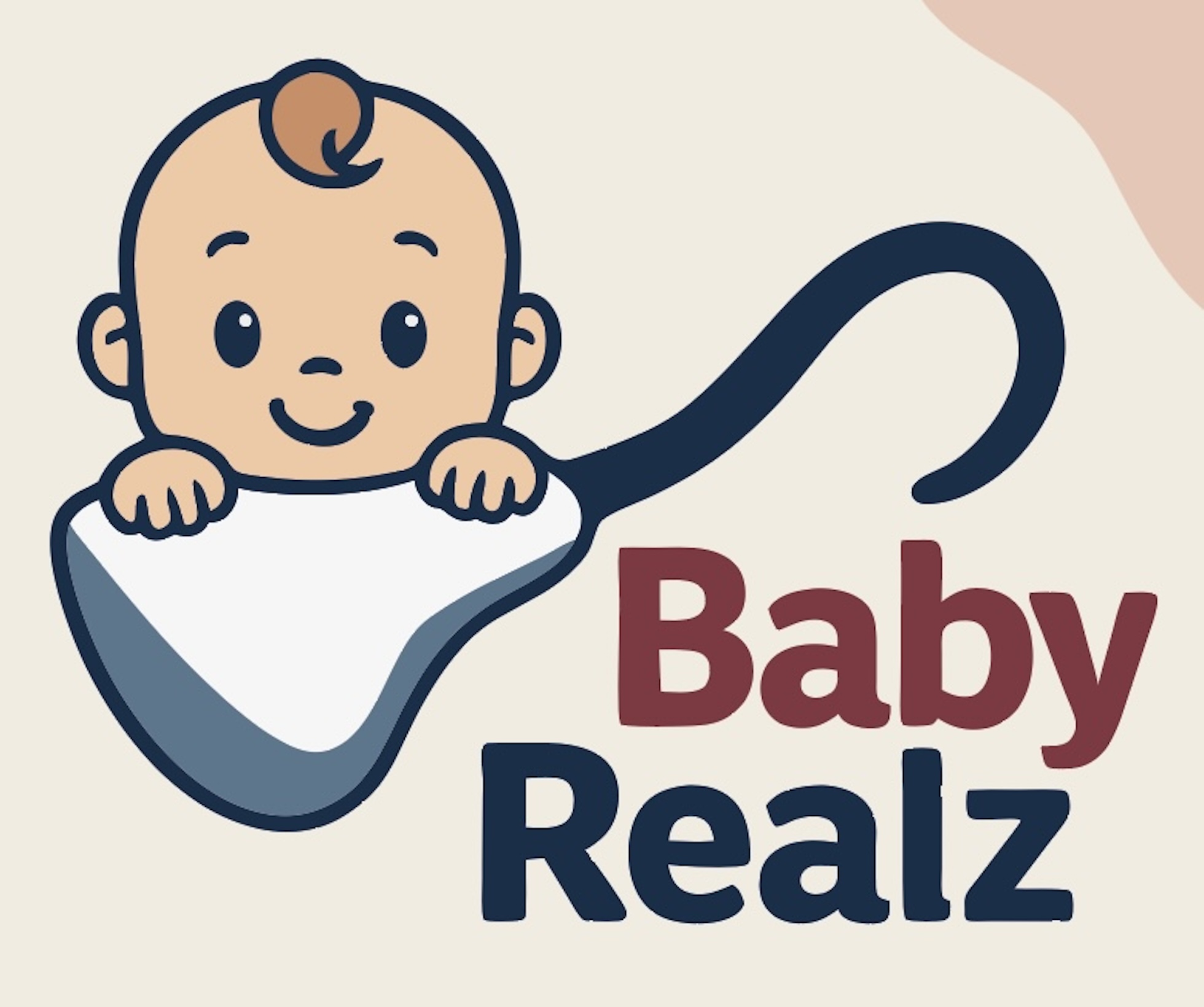 Cartoon baby with a pacifier, smiling, holding a blanket, with text 'Baby Realz' beside it.