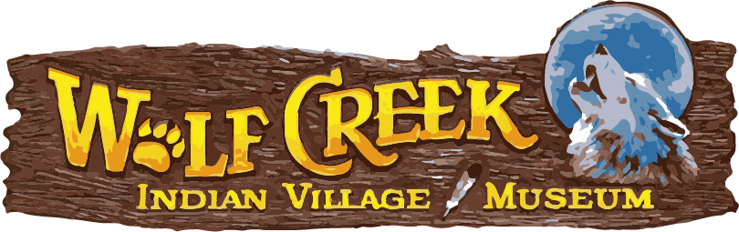 Logo for Wolf Creek Indian Village Museum with text and a wolf howling at the moon.